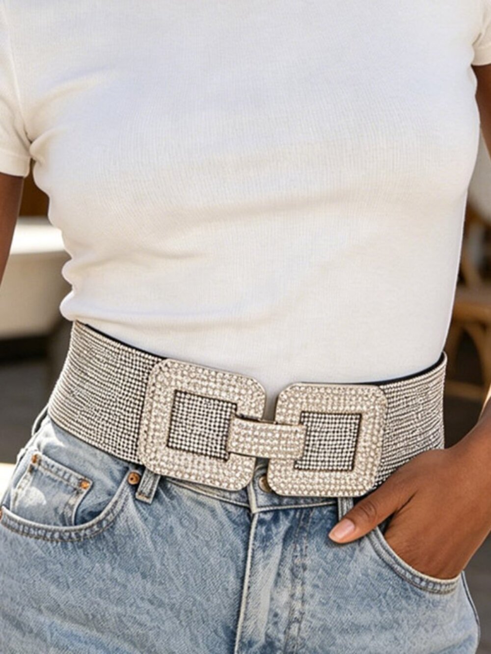 BNWT Rhinestone Square Buckle Fashion Elastic Stretch Belt